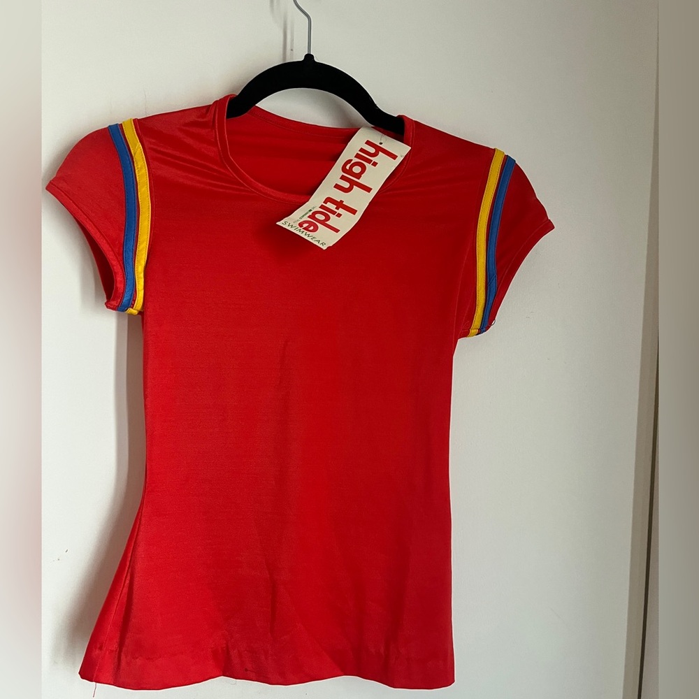 Vintage High Tide NOS Swim Shirt Red and Yellow Short Sleeve Cropped Tee